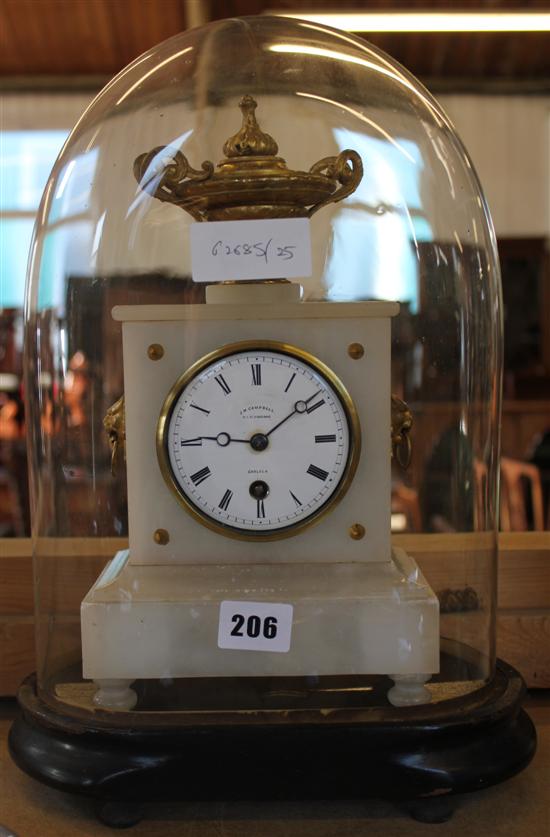 19th century alabaster, ormolu mounted mantel clock, with glass dome